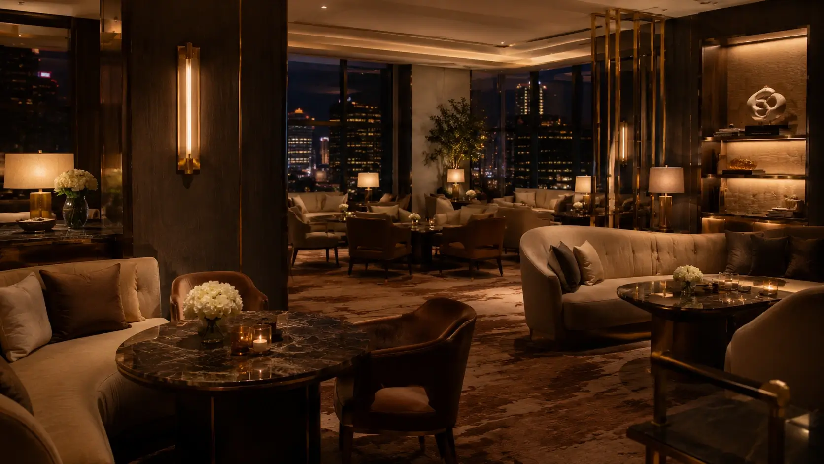 Hotelowy lounge z ciepłym światłem