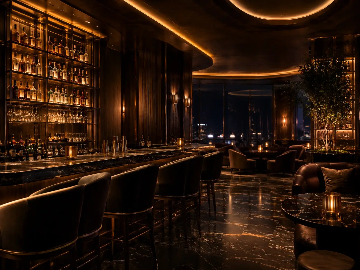 Elegancki bar hotelowy z ciepłym oświetleniem